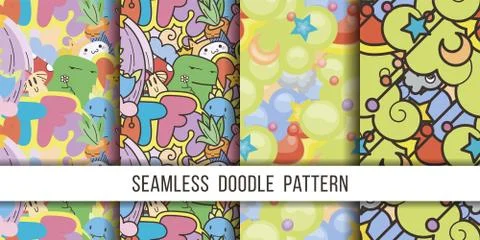 Collection of seamless vector patterns with cute cartoon monsters and beasts. 스톡 일러스트