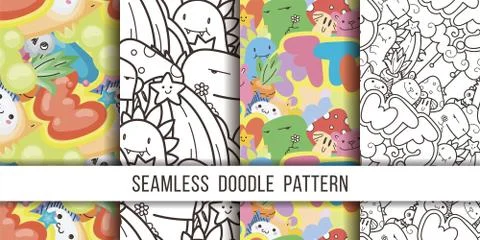 Collection of seamless vector patterns with cute cartoon monsters and beasts. イラスト素材