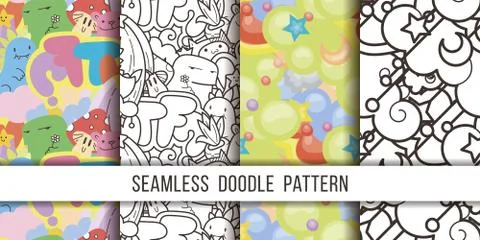 Collection of seamless vector patterns with cute cartoon monsters and beasts. Stockillustratie
