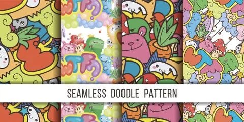 Collection of seamless vector patterns with cute cartoon monsters and beasts. Stockillustratie