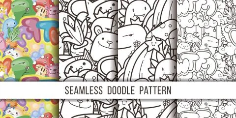 Collection of seamless vector patterns with cute cartoon monsters and beasts. Stock Illustration