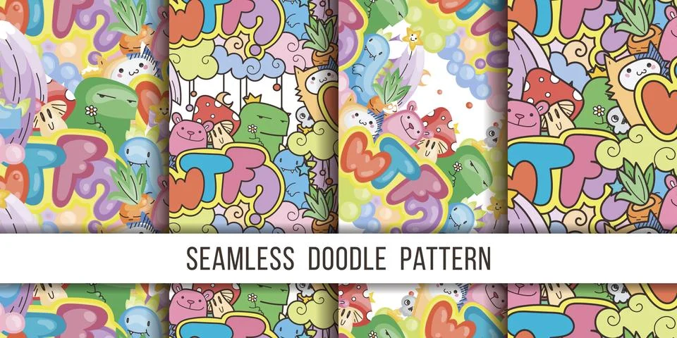 Collection of seamless vector patterns with cute cartoon monsters and beasts. Stockillustratie