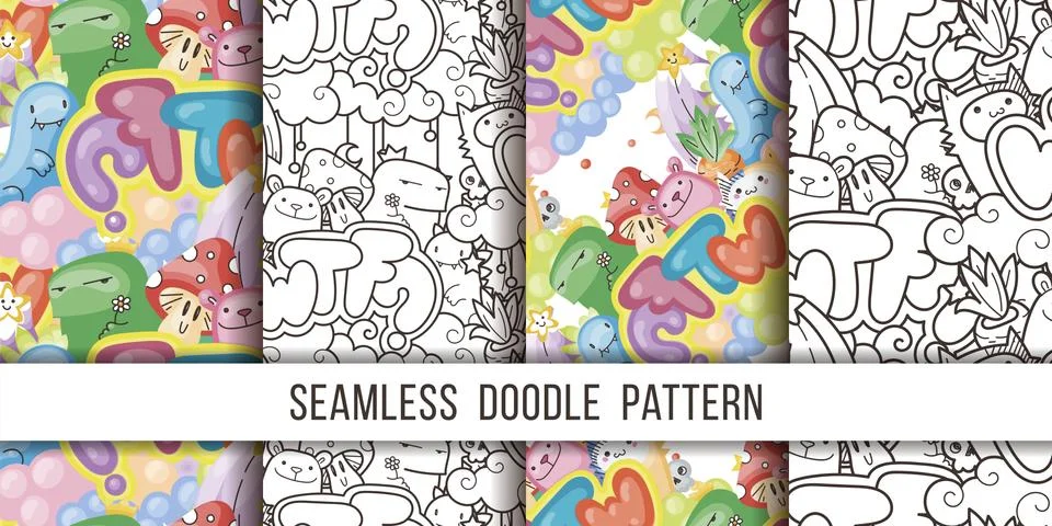 Collection of seamless vector patterns with cute cartoon monsters and beasts. Stockillustratie