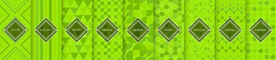 Collection of seamless vibrant geometric patterns. Green mosaic tile endles.. Illustrazione stock