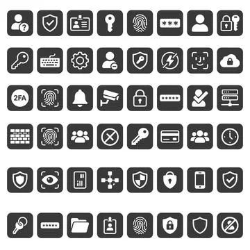 Collection of security and access control icons including fingerprint, pass.. Stock Illustration