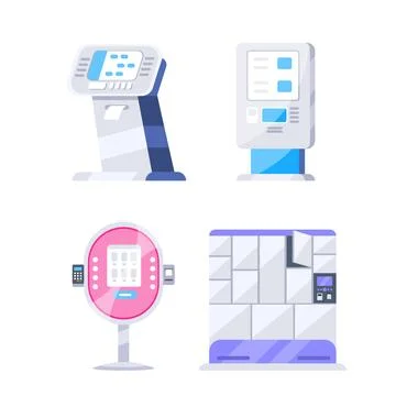 Collection of self service electronic payment machines with touch screen, pos Illustrazione stock