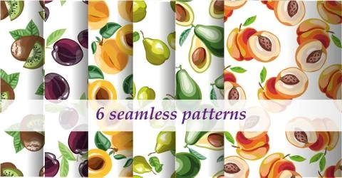 Collection set of 6 bright fruit patterns Illustrazione stock