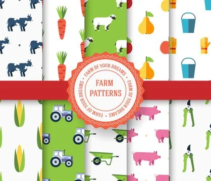 Collection set of agricultural seamless pattern. Farm, instrument, fruits Stock Illustration