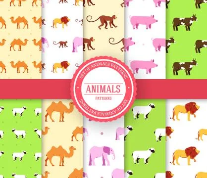 Collection set of animal seamless pattern. Lion, monkey, monkey, camel, elephant Stock Illustration