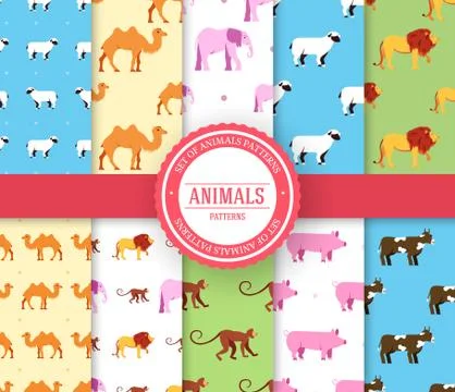 Collection set of animal seamless pattern. Lion, monkey, camel, elephant, cow Stock Illustration