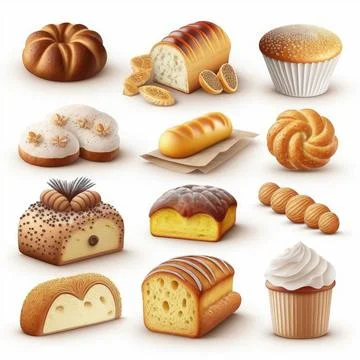 Collection set of bread on white background, Made by AI,Artificial intelligen Stock Illustration