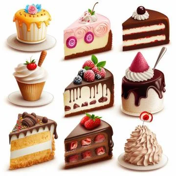 Collection set of cake on white background, Made by AI Stock Illustration