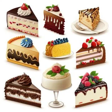 Collection set of cake on white background, Made by AI Stock Illustration