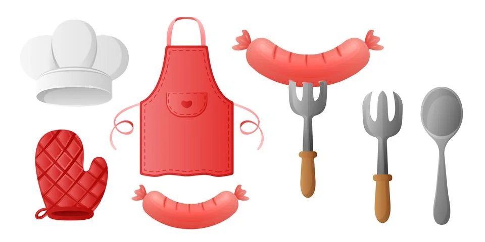 Collection set of cartoon cute kitchenware apron chef hat oven mitt fork spoo Stock Illustration