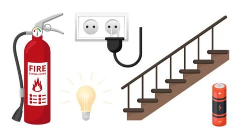 Collection set of cartoon object fire extinguisher stairecase battery light b Stock Illustration