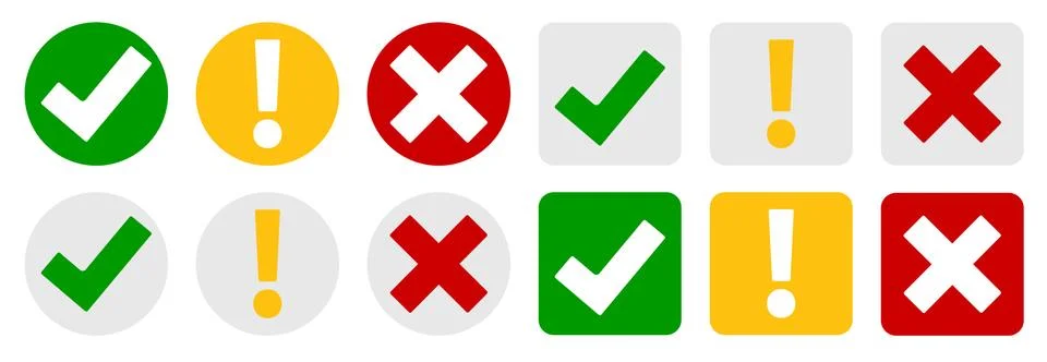 Collection Set of check mark, exclamation point, X mark icons buttons isolate イラスト素材