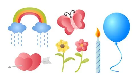 Collection set of cute cartoon object ballon rainbow butterfly candle flower  Stock Illustration