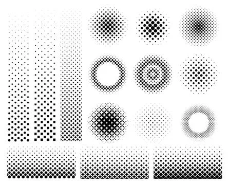 Collection set of different abstract halftone art elements. Dots, squares, and Stock Illustration