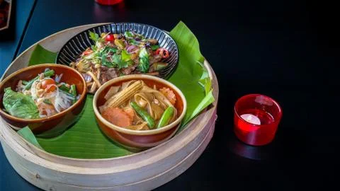 A collection set of different Asian menu dishes - Delicious Asian food Stock Photos