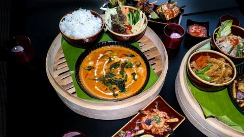 A collection set of different Asian menu dishes - Delicious Asian food Stock Photos