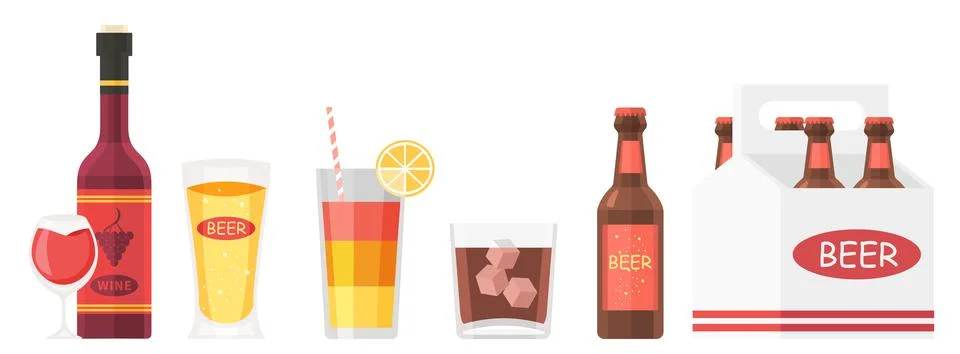 Collection set of drink objects red wine beer juice Stock Illustration
