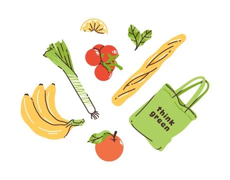 Collection, set of eco-friendly purchases. Various fruits and vegetables. Stock Illustration