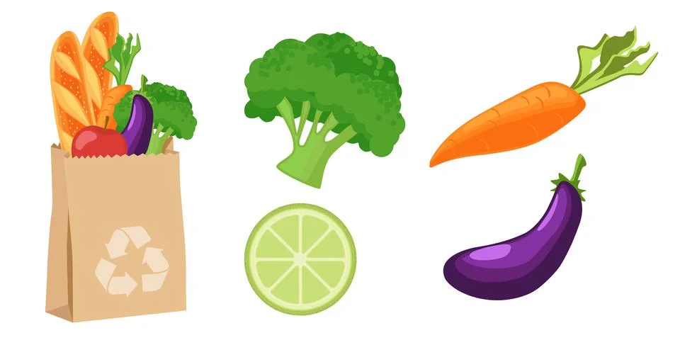Collection set of food object vegetable carrot eggplant cauliflower lemon bre Illustrazione stock