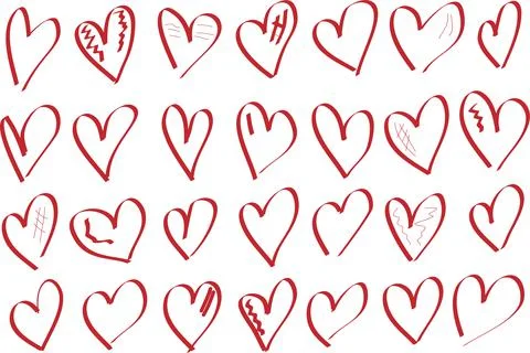 Collection set of hand drawn red doodle scribble hearts isolated on white Stock Illustration