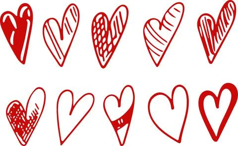 Collection set of hand drawn red doodle scribble hearts isolated on white Stock Illustration