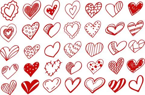 Collection set of hand drawn red doodle scribble hearts isolated on white 스톡 일러스트