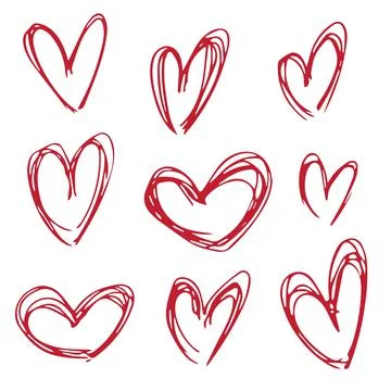 Collection set of hand drawn red doodle scribble hearts isolated on white Stock Illustration