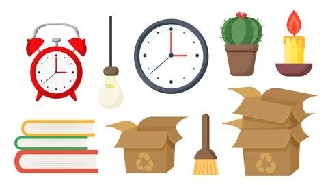 Collection set of home decoration object alarm clock book light bulb candle p Stock Illustration