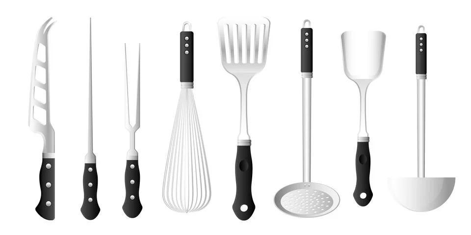 Collection set of kitchenware utensils knife filter spoon fork egg beater roa 스톡 일러스트