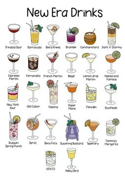 Collection set of New Era Drinks official list cocktails Paloma, Russian Spring Stock Illustration