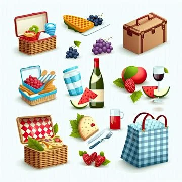 Collection set of picnic, white background, Made by AI,Artificial intelligenc Stock Illustration