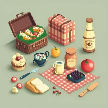 Collection set of picnic, white background, Made by AI,Artificial intelligenc Stock Illustration