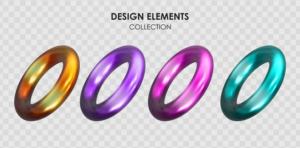 Collection set of realistic 3d render metallic color gradient geometric shape 库存插图