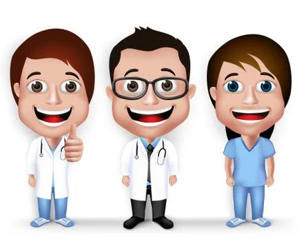Collection Set of Realistic 3D Young Friendly Professional Doctor and Nurse Stock Illustration