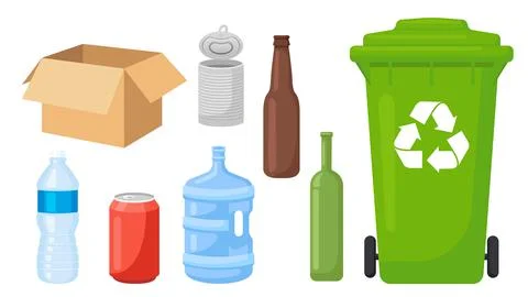 Collection set of recycled garbage object trash bin plastic bottle paper box  Illustrazione stock