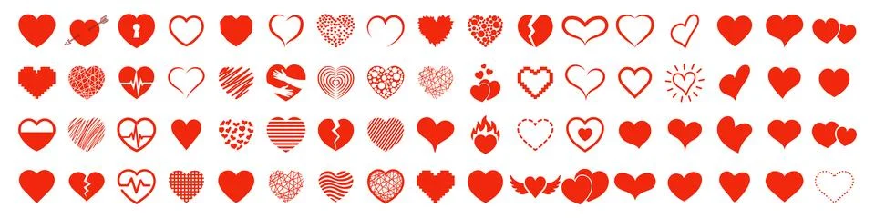 Collection set of red different heart. Set of red hearts in different pose. H Stock Illustration