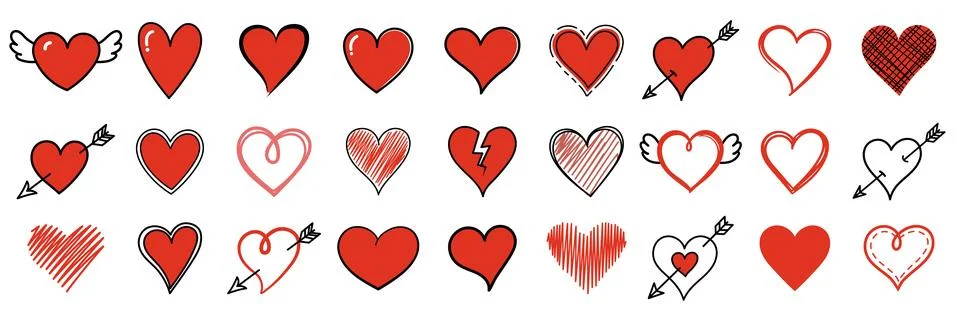 Collection set of red different heart. Set of red hearts in different pose... Stock Illustration