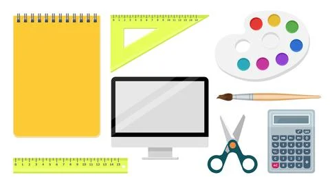 Collection set of school study obejct notebook computer ruler scissors calcul Stock Illustration