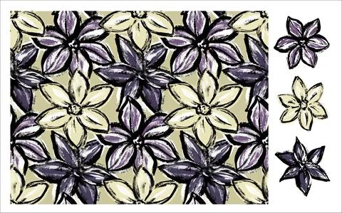 Collection set. Seamless pattern of flowers in gray and the flowers themselves Stock Illustration