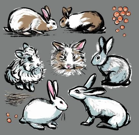 Collection set. Seven rabbits with elements. Drawing illustration in the style Stock Illustration