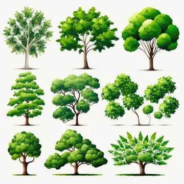 Collection set of tree on white background Stock Illustration