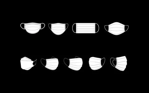 Collection Set White Surgical Face Mask Line Art on Black Background Stock Illustration