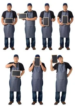 Collection set of worker man or Serviceman in Black shirt and apron is holdin Stock Photos