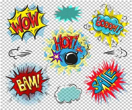 Collection of seven multicolored comic sound Effects sale Illustrazione stock