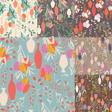Collection of seven vector seamless patterns with floral elements, spring Stock Illustration