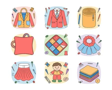 Collection of Sewing and Craft Items, Including Clothing and Accessories Stock Illustration